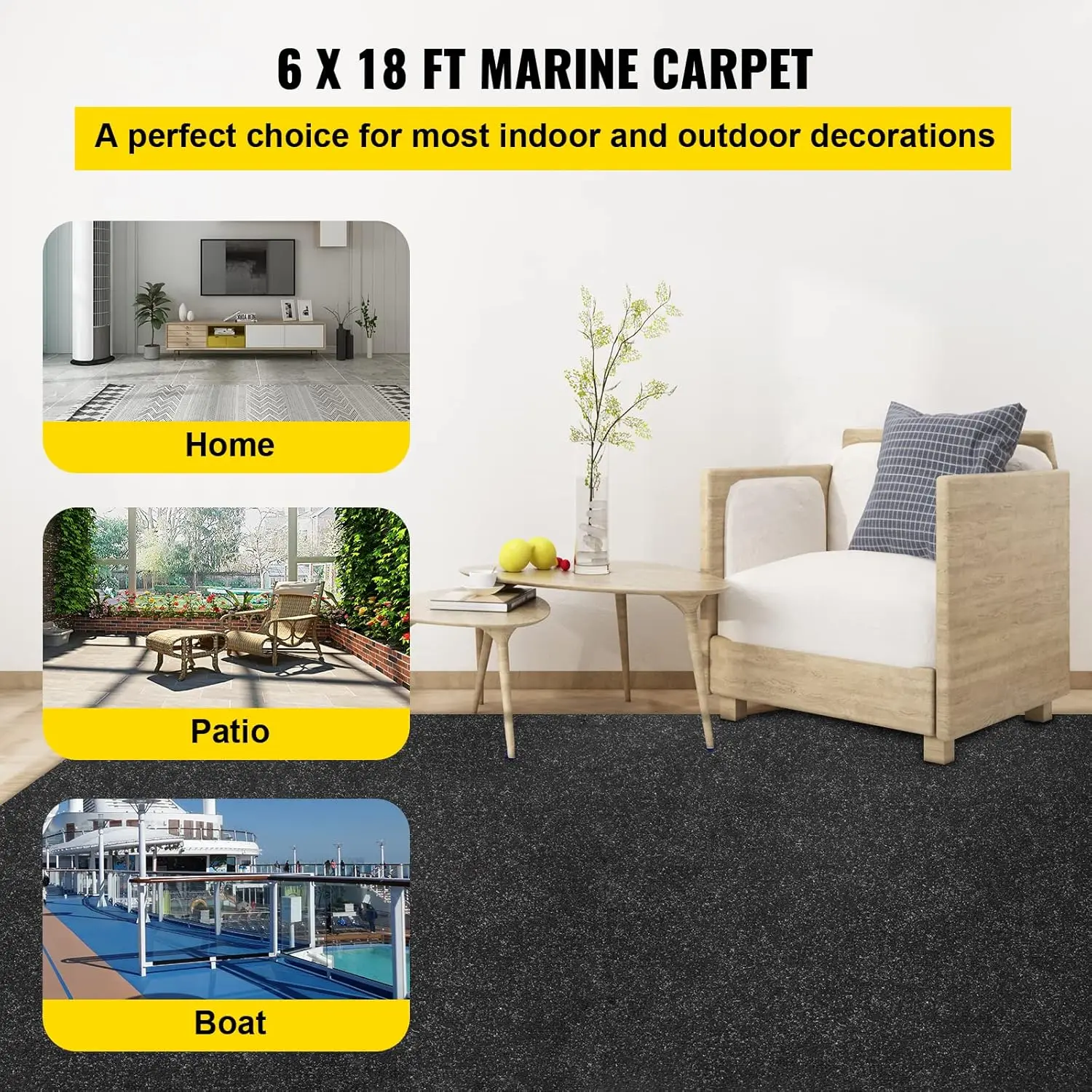 Boat Carpet, 6 ft x 18 ft Marine Carpet for Boats, Waterproof Black Indoor Outdoor Carpet with Marine Backing Anti