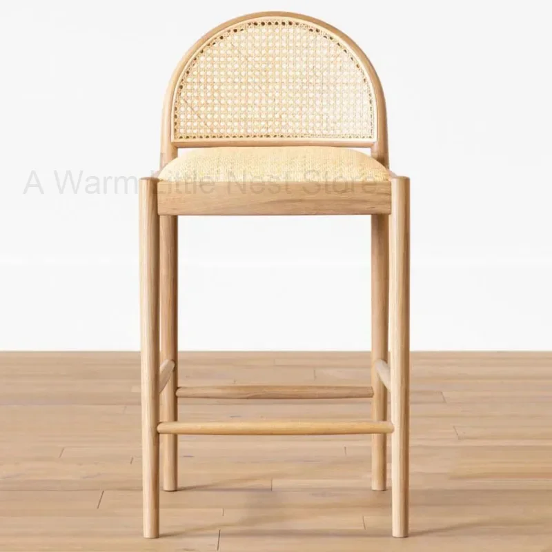 Nordic Woven Rattan Bar Stool Home Luxury Bar Chair Casual Dining Chairs Modern Minimalist Ash Wood High Stool Reception Chair