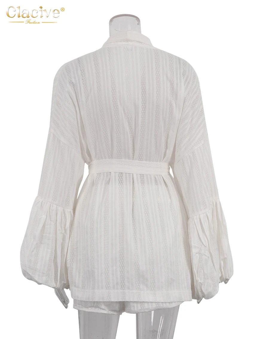 Clacive Fashion Loose White Cotton Sets For Women 2 Pieces 2025 Elegant Puff Sleeve Robes With High Waist Shorts Set Female 6