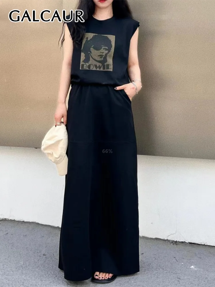 

GALCAUR Printing Two Piece Set For Women Round Neck Sleeveless Top High Waist Patchwork Pockets Maxi Skirt Casual Sets Female