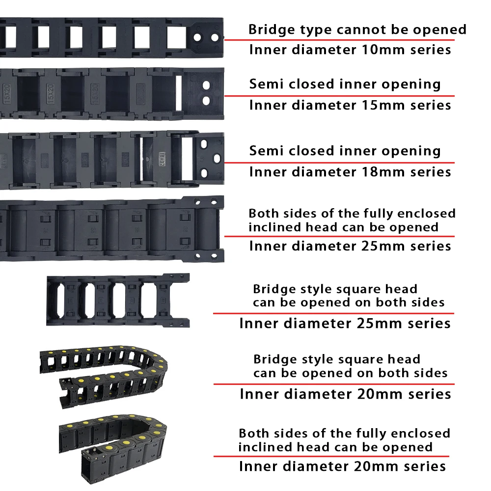 Plastic Cable Chain Cable Carrier MHCN Cable Chains R55~R150 25x25 25x38 25x57 Semi-enclosed Plastic Towline 1m length Yellow dot enhancement for CNC