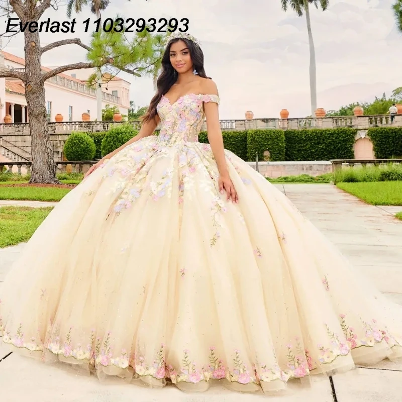 

EVLAST Glitter Yellow Quinceanera Dress Ball Gown 3D Colorful Floral Applique Beading Mexico Sweet 16 Vestido 15 De Años TQD263