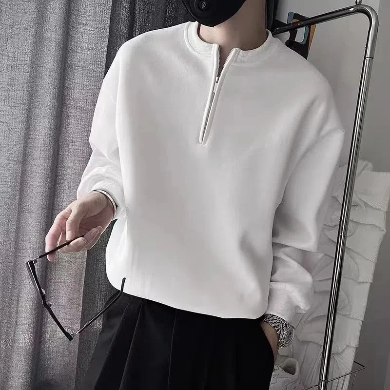 

White Half Zipper T-shirt Men Clothing Spring Autumn Solid Color Long Sleeve Tops Harajuku Casual Jumpers Camiseta Hombre