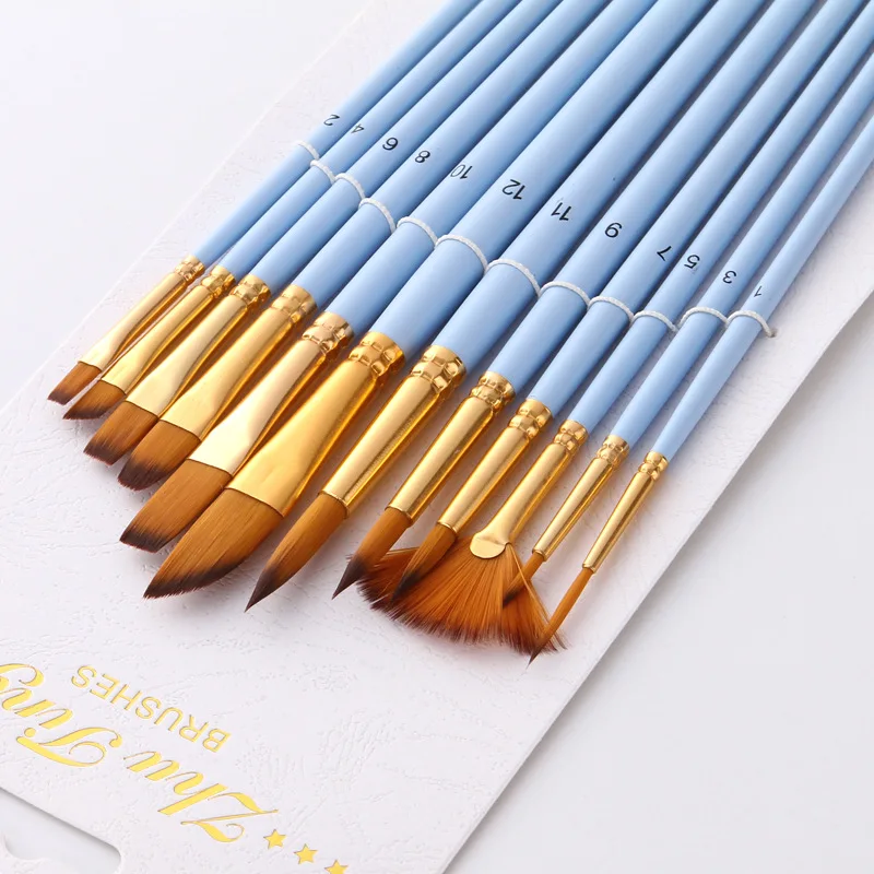 12Pcs Nylon Hair Paint Brush Set Different Size Candy Color Handle Artist Fine Oil/Watercolor Painting Brushes Art Supplies