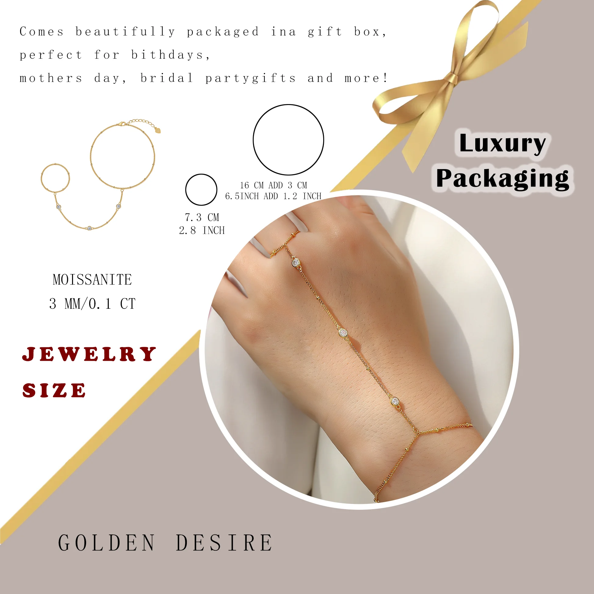 0.3 CTW Elegant Gold Moissanite Hand Chain 18K Gold Plated S925 Sterling Silver with Dazzling Stones Unique Hand Jewelry 5