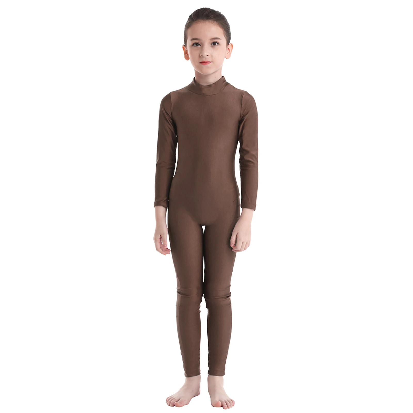 Kids Long Sleeves Gymnastics Jumpsuit For Girls Slim Fit Dancewear Dance Bodysuit Zippered Mock Neck Ballet Leotard Unitard