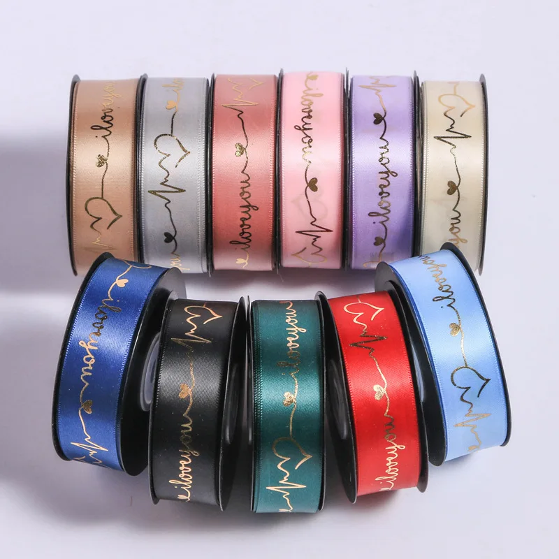25mm New Light Luxury Bronzing Gift Flower Hat DIY Packaging Decoration Cake Baking Ribbon English Letter Heartbeat Ribbon
