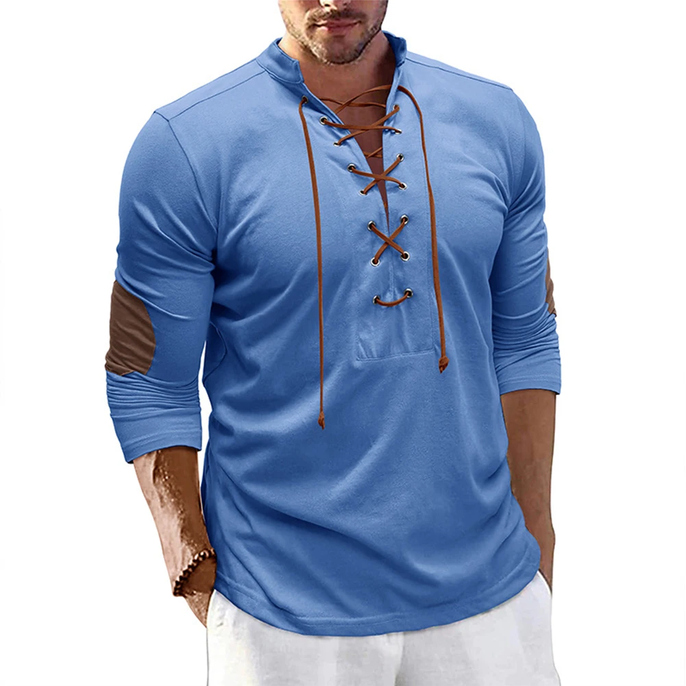 

Fashion Men's Long Sleeve T Shirts Lacing Up V Neck Pullovers Casual Muscle Sports Tees Man T-shirt Tops