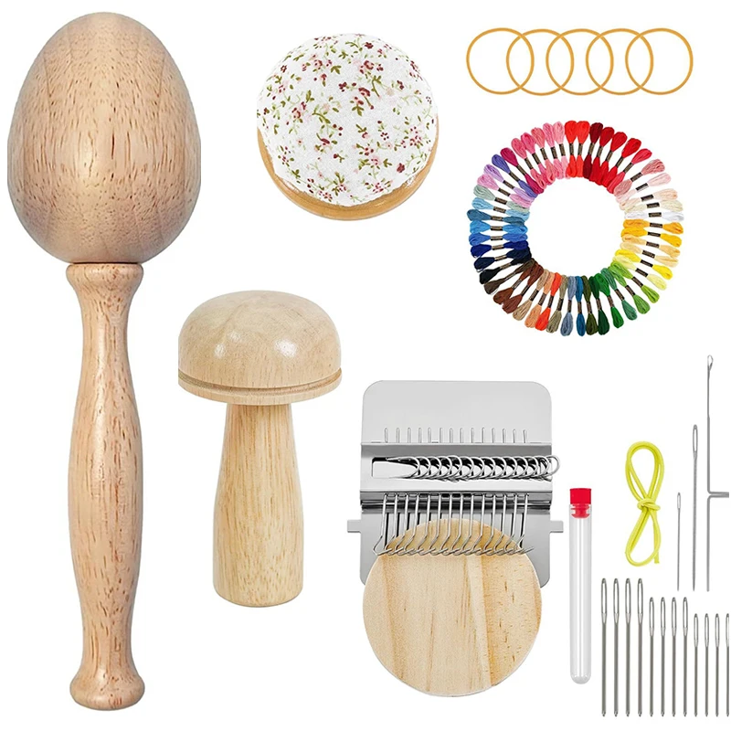 Mini-Reparaturwebrahmen, Pilz-Strickpatch-Set mit 14 Haken, kleiner Webrahmen, 14 große Augennadeln, 50 Farbige Fäden – Detail 1