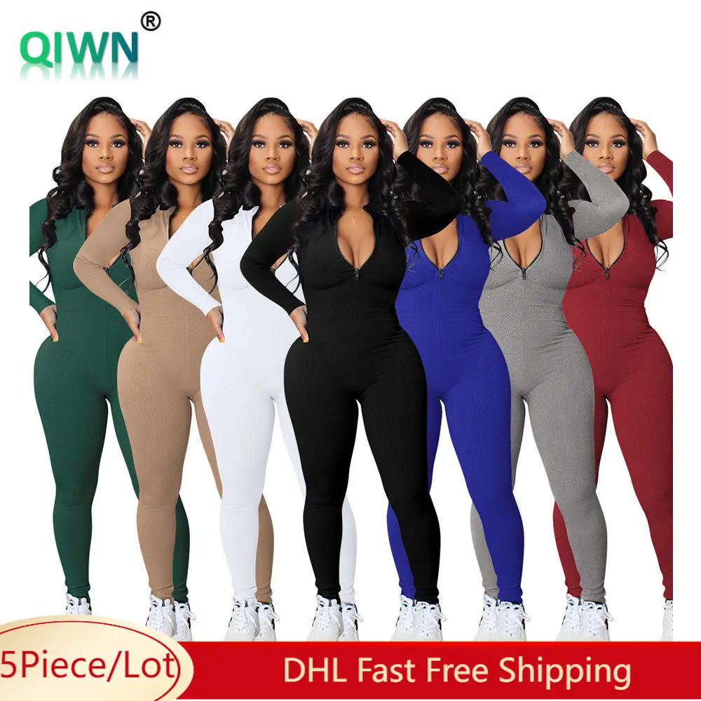 5pcs Bulk Item Wholesale Women Jumpsuits Ribbed Zipper Long Sleeves