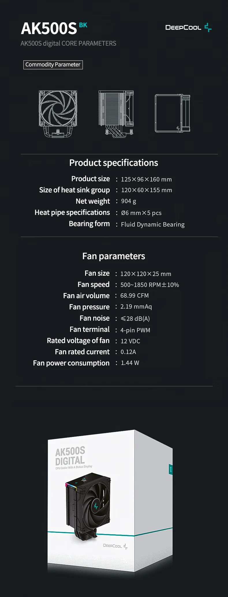 DeepCool AK500S CPU Cooler with Digital Display 5 Heat Pipes TDP 240W Radiator 1