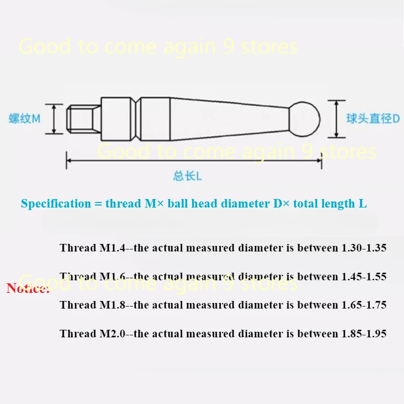 M1.4 M1.6 M1.8 M2 Thread 2mm Head OD 15mm / 44.5mm Length Ruby Head Pin Gauge Micrometer Tip Lever Dial Test Indicator Probe thread measuring gauge dial test indicator probe