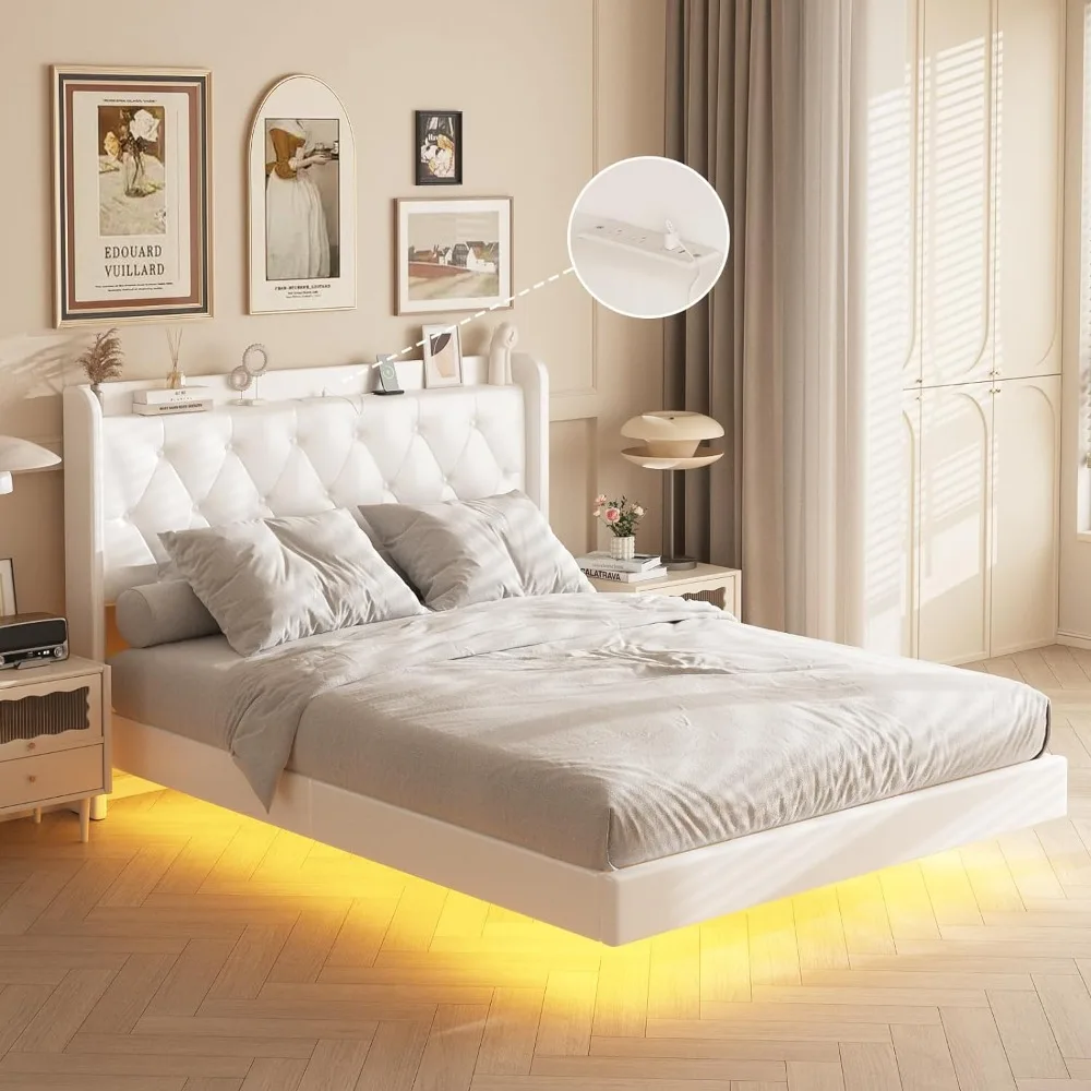 

Full Size Bed Frame with LED Light, Charging Station, Button Tufted Headboard Storage, Upholstered PU Leather Floating Bed Frame