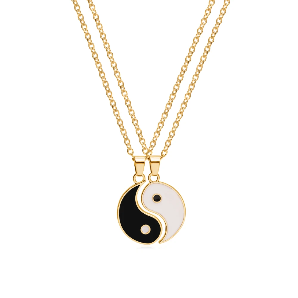 unids/set Yin Yang Tai Ji colgante collar plata tonos dorados blanco y negro Tiachi rompecabezas gargantilla redonda para pareja de amistad
