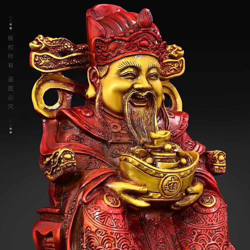 Chinese God of Wealth Figurine Brass Gold Caishen Statue for Home Decor, Bigan with Gold Ingot Office Desk Feng Shui Ornament Gi