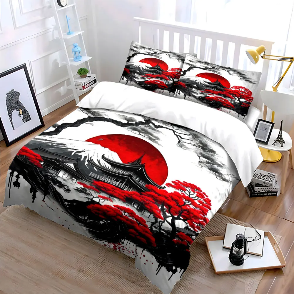Red Sun, Snowy Peaks, Japanese Aesthetic Printed Duvet Cover Set1 Duvet Cover+2 PillowcaseMulti Size Bedroom Bedding Decor 2