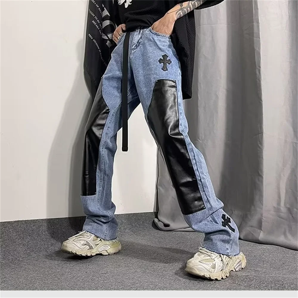 High Street Color Block Spliced Washed Jeans Mens Oversize Wide Leg Straight Denim Flare Pants Retro Loose Casual Trousers