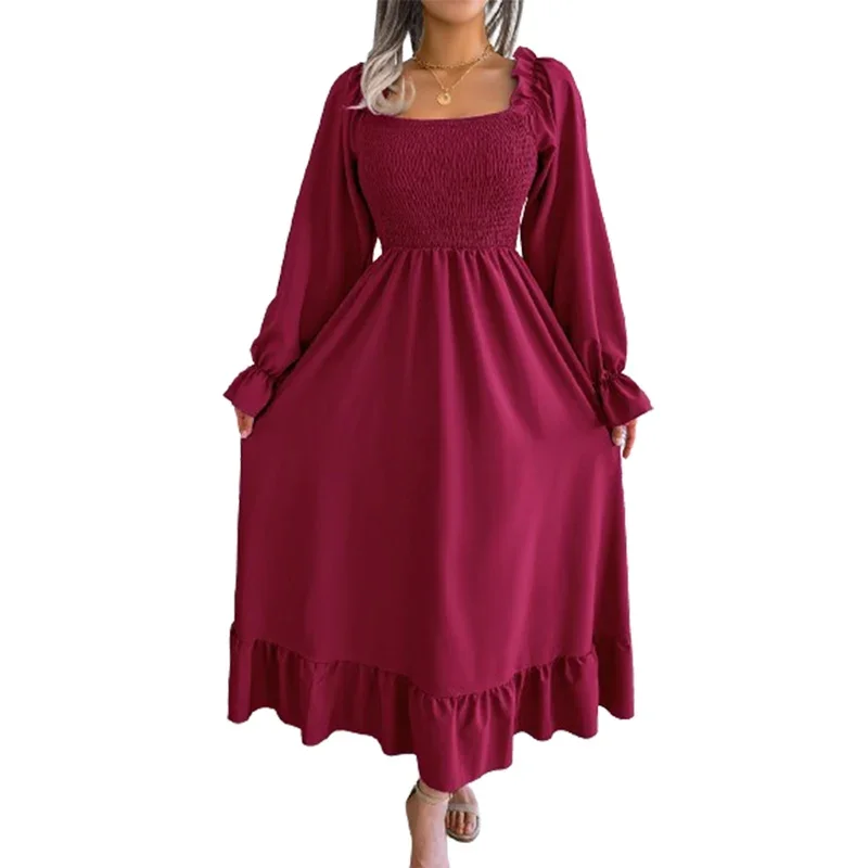 

Women Square Neck Ruffle Long Sleeve Dresses 2023 Fashion High Waist Solid Color Dress Female Autumn Casual Slim Large Hem Gown