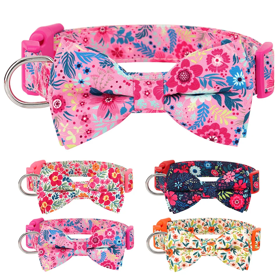 Hundehalsband Mit Blumen-Schleife – Verstellbar, Baumwolle, Für Kleine Bis Große Hunde (Blau, Größe L)