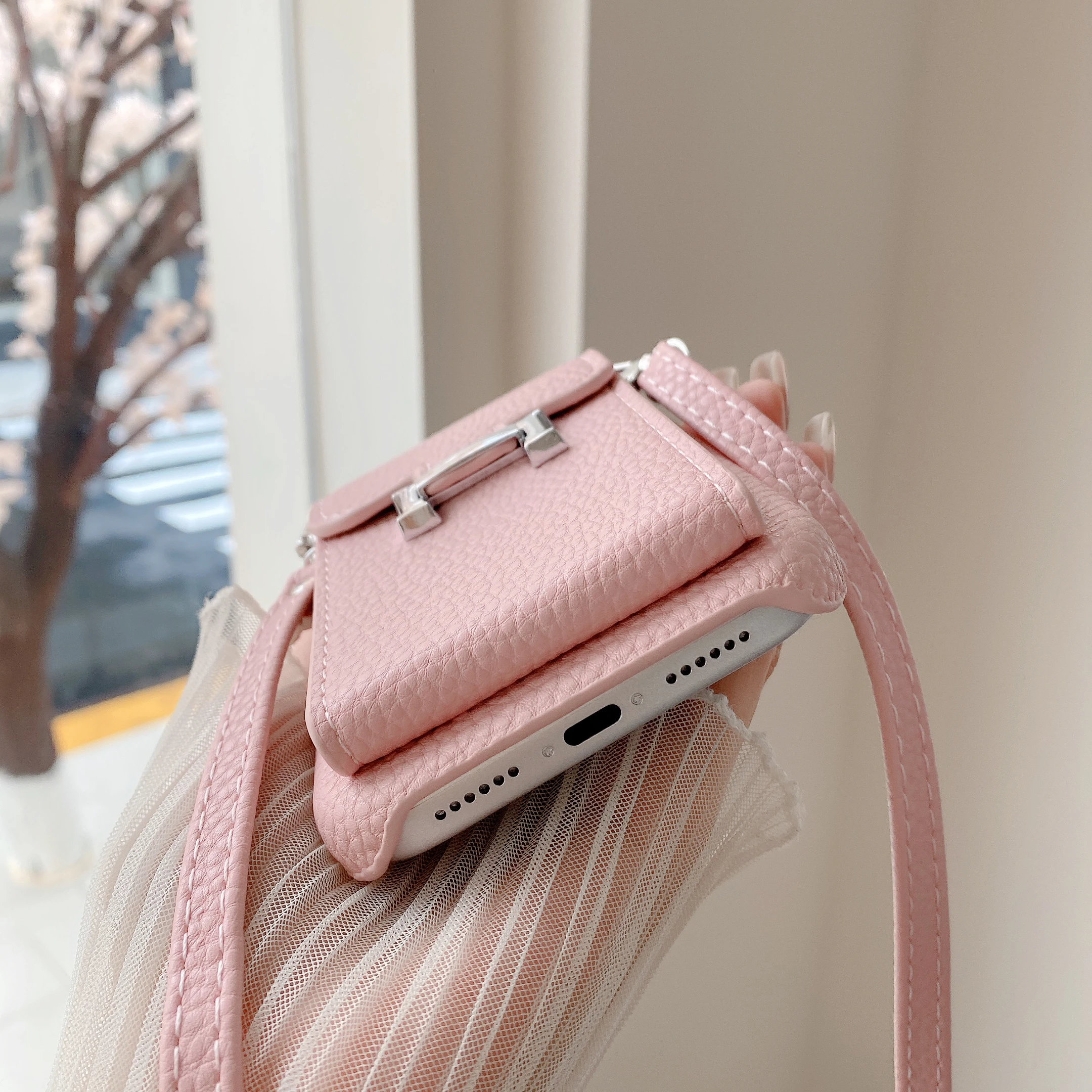 Elegant Leather Wallet Shoulder Strap Phone Case with Card Pocket and Lanyard Cover
