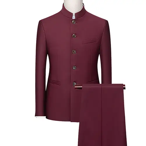 Men's White Single Breasted Stand Up Collar Suit 2-Piece, Chinese Style Red Slim-Fit Blazer Coat and Pants, Black, Blue, Yellow. - Image 2