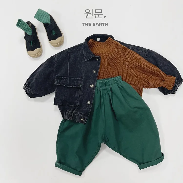 Childrens Boys Denim Jacket Autumn New Korean Solid Color Toddler Boys Cardigan Jacket Retro Pocket Kids Baby