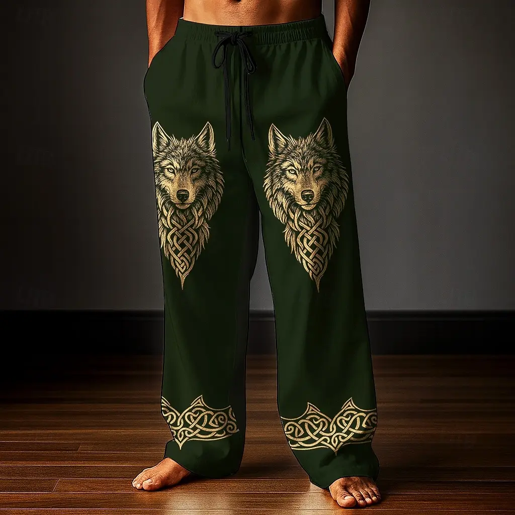 Gerade Herrenhose, lockere Passform, 3D-Wolf-Print, lässiger, weit geschnittener Stil, Polyester, geeignet für Teenager und Erwachsene