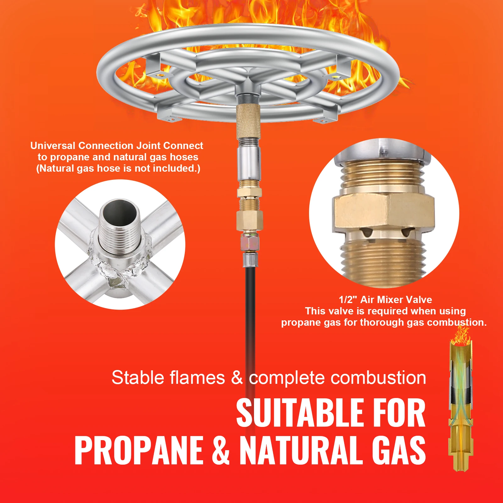 VEVOR 12 inch Round Drop-in Fire Pit Pan Stainless Steel Fire Pit Burner Kit Natural & Propane Gas Pan with 92000 BTU