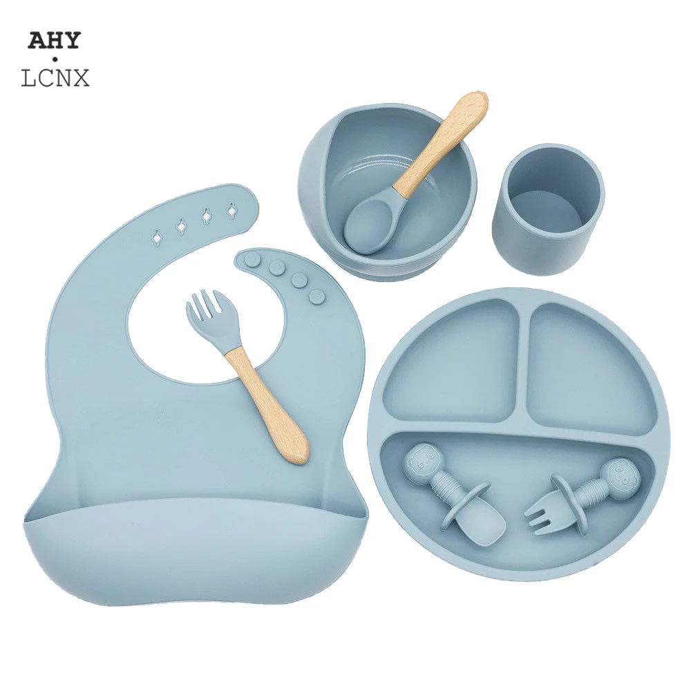 

8Pcs Solid Baby Silicone Tableware Bibs Set Sucker Bowl Spoon Fork Suction Feeding Dishes Plate Infant Cup For Children BPA Free