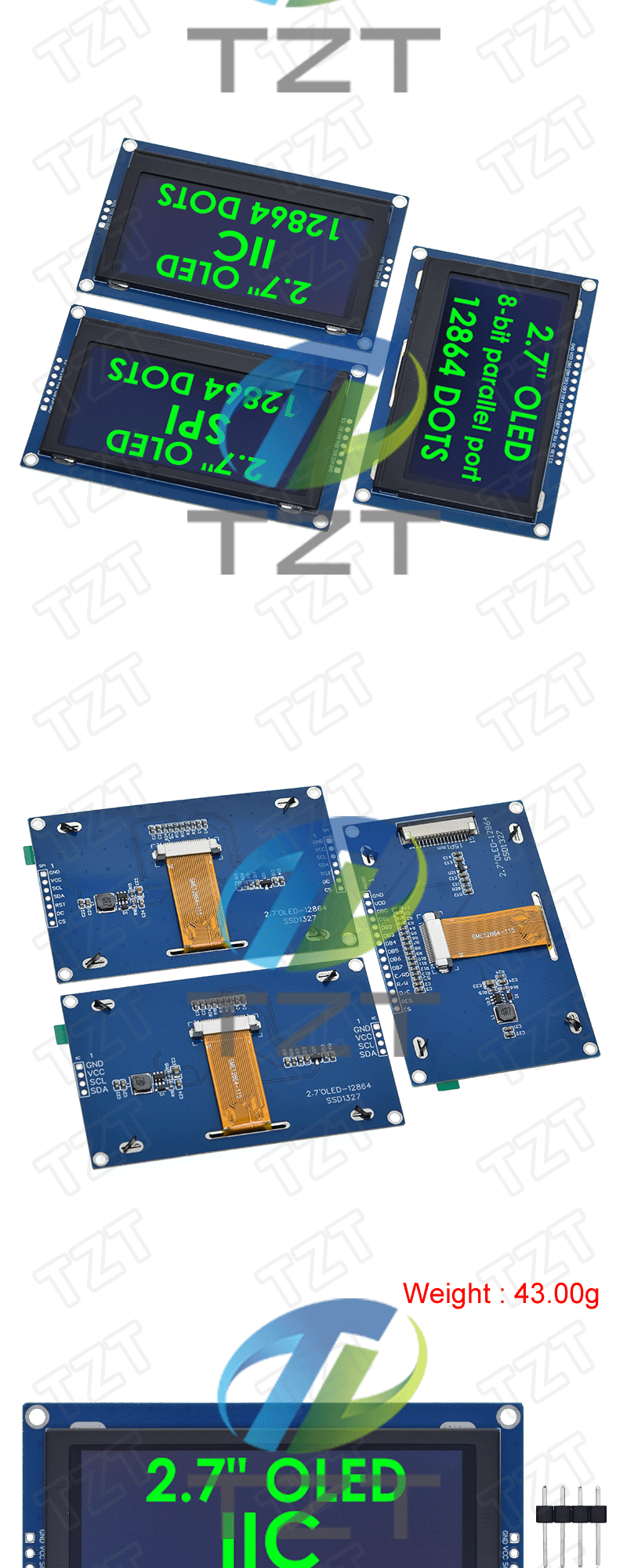 Grüne Farbe 2,7 Zoll OLED LCD Display 128x64 Pixel SSD1327 IIC / SPI / 8-Bit Parallel Port kompatibel mit Arduino – Detail 5