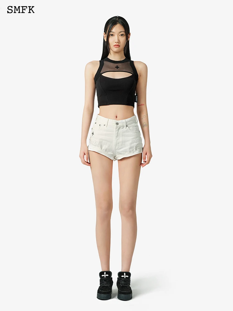 SMFK Hand-painted Women's High Waisted Denim Shorts cross flower Beige Jean Speckle ink Summer Jeans Female Casual Loose Short