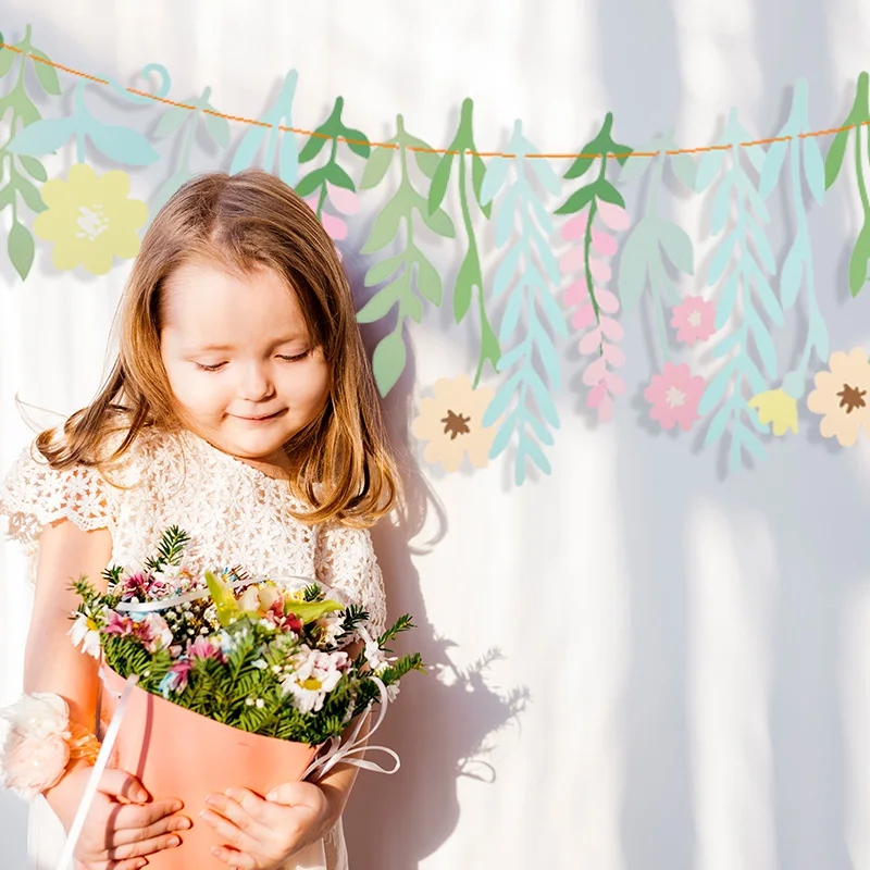 Leaves Flowers Garland Paper Banner Spring Happy Birthday Party Decoration Supplies Kids Girls Favors Home Wall DIY Hanging Flag