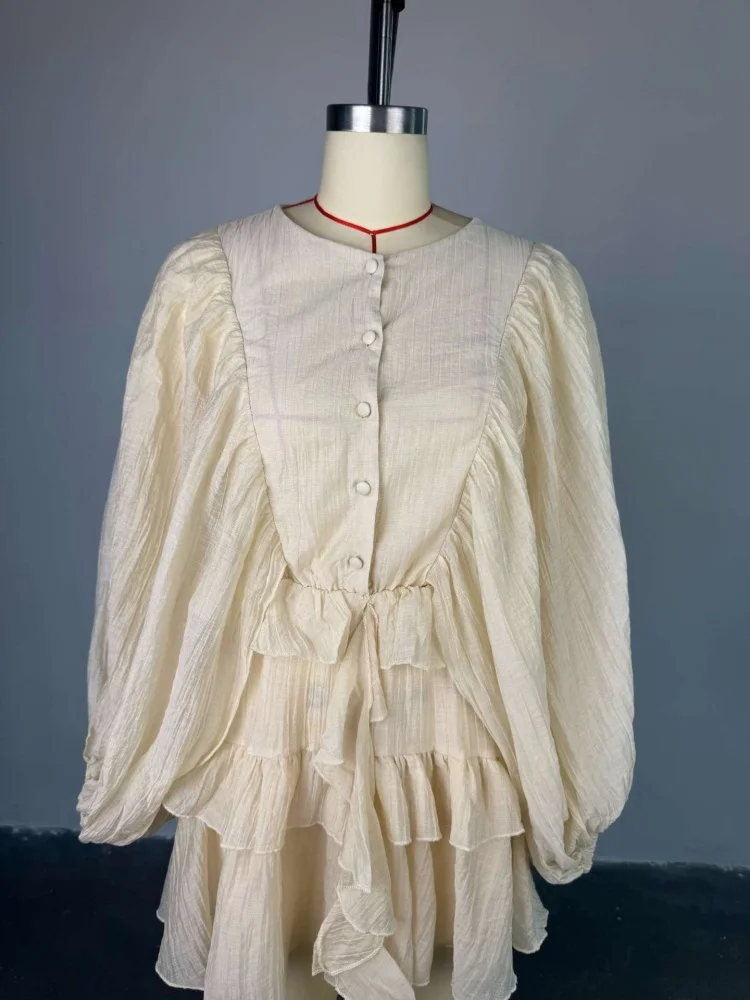 Wmsatr Dress Women Wholesale Woman 2025 Summer New Fashion Round Neck Buttoned Ruffled Lantern Sleeve Short Dresses Clothing