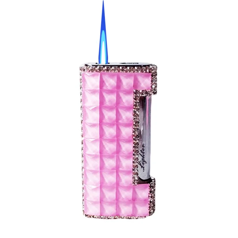Pretty Rhinestone Lighter Blue Jet Flame Butane Torch Lighter Ladies Smoking Accessories Windproof Outdoor Cigarette