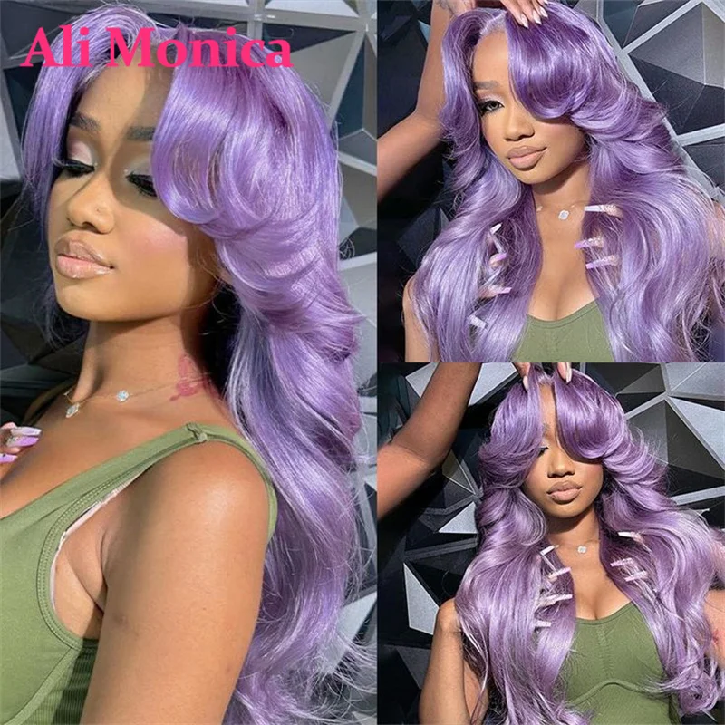 13x6 13x4 Lila gefärbte Body Wave Lace Frontal Perücke mit transparenter Spitze, vorgezupfte brasilianische Echthaarperücken für Damen – Detail 4
