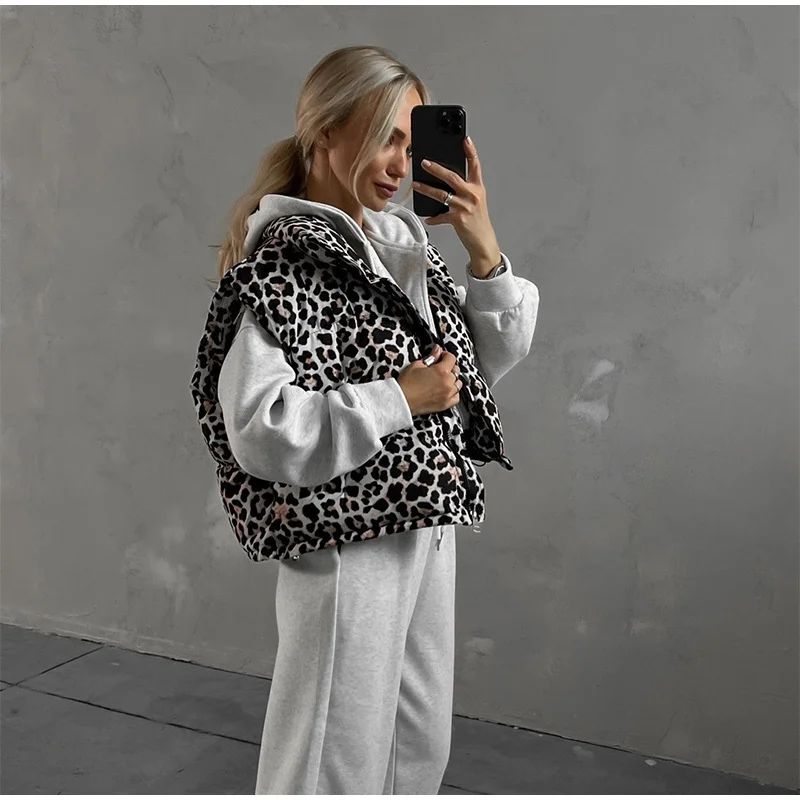 Vintage Leopard Zipper Cotton Vests Women Casual Loose Sleeveless Lapel Short Coats Female Autumn Chic Elegant Street Outwear