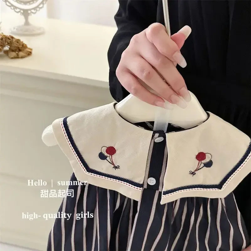 Children's Summer Pure Cotton Dress Sleeveless Big Neck Embroidered Stripe Casual Dress for Girls