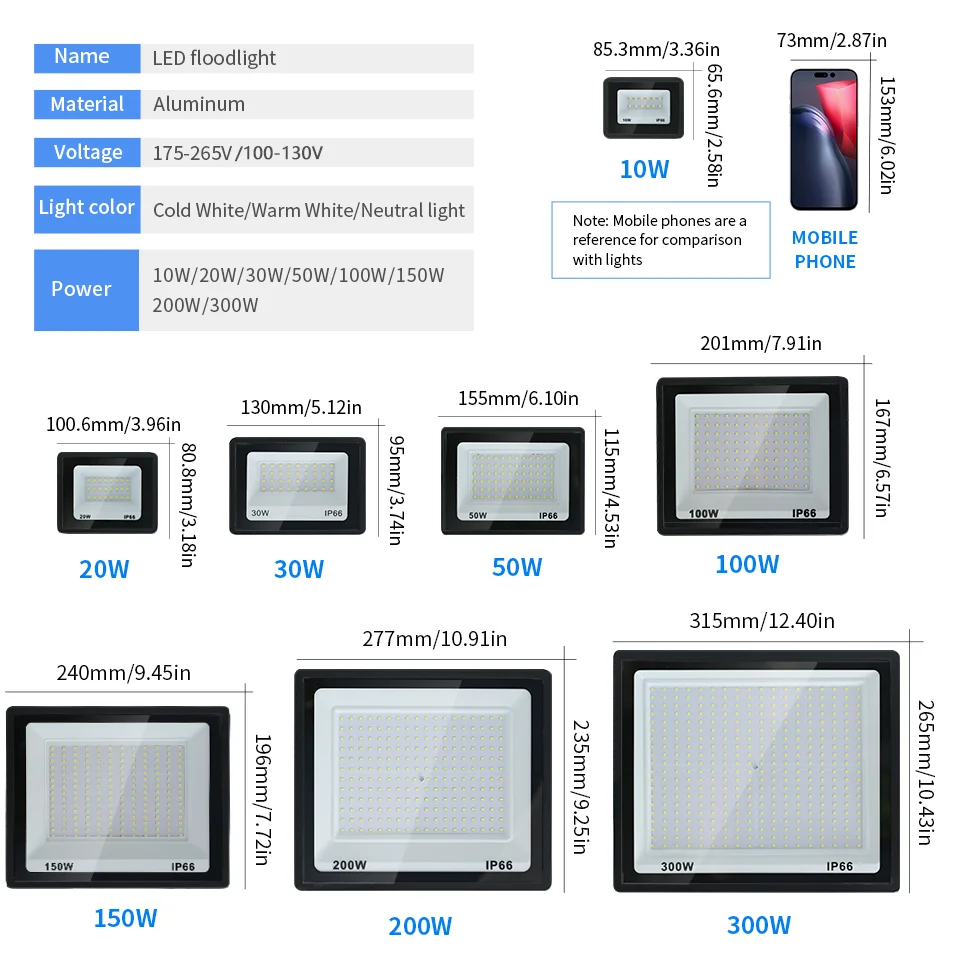 LED Flood Light High Brightness LED Floodlight 10W 20W 30W 50W 100W 150W 200W 300W AC110V/220V Flood Light For Garden Street Outdoor Lighting