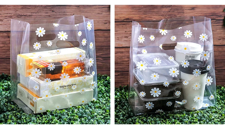 Description Picture 5 of item25-50pcs Little Daisy Plastic Gift Bag Clear Storage Shopping Bag With Christmas Wedding Party Favor Bag Candy Cake Wrapping Bag