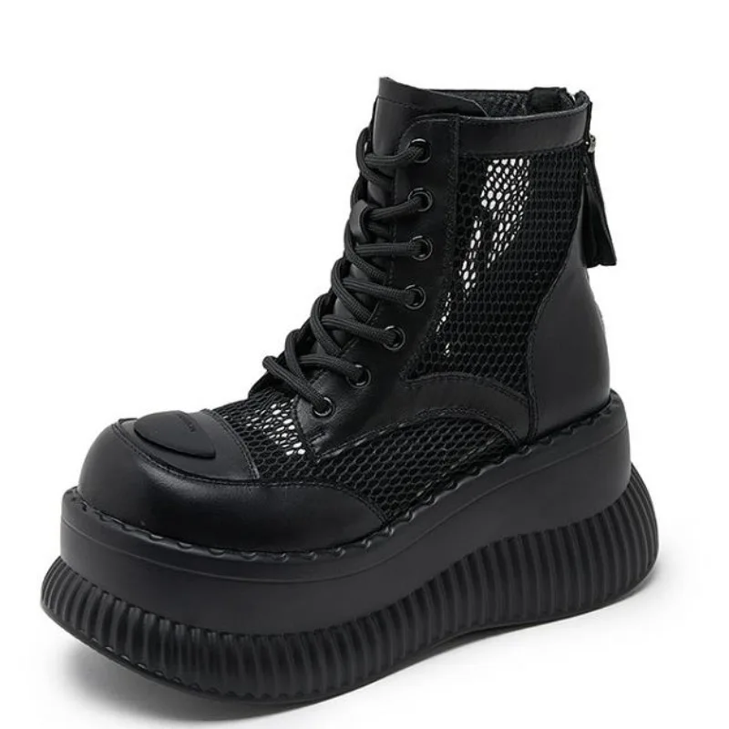 

8.5cm Air Mesh Breathable Motorcycle Ankle Boots Patent Leather Shoes Ladies Hollow Boots Woman Fashion Sandals Summer