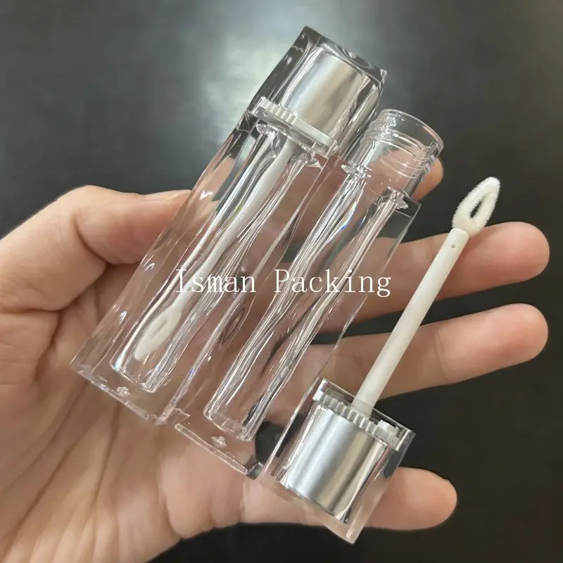 

50Pcs Matte Silver Top Crystal Liquid Lipstick Cosmetic Packaging Empty Refillable Clear Lip Gloss Tube With Heart Brush 5ml