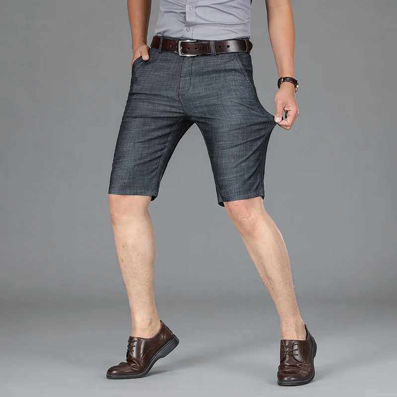 Classic Summer Men's Business Denim Shorts Lyocell Fabric Straight-fit Stretch