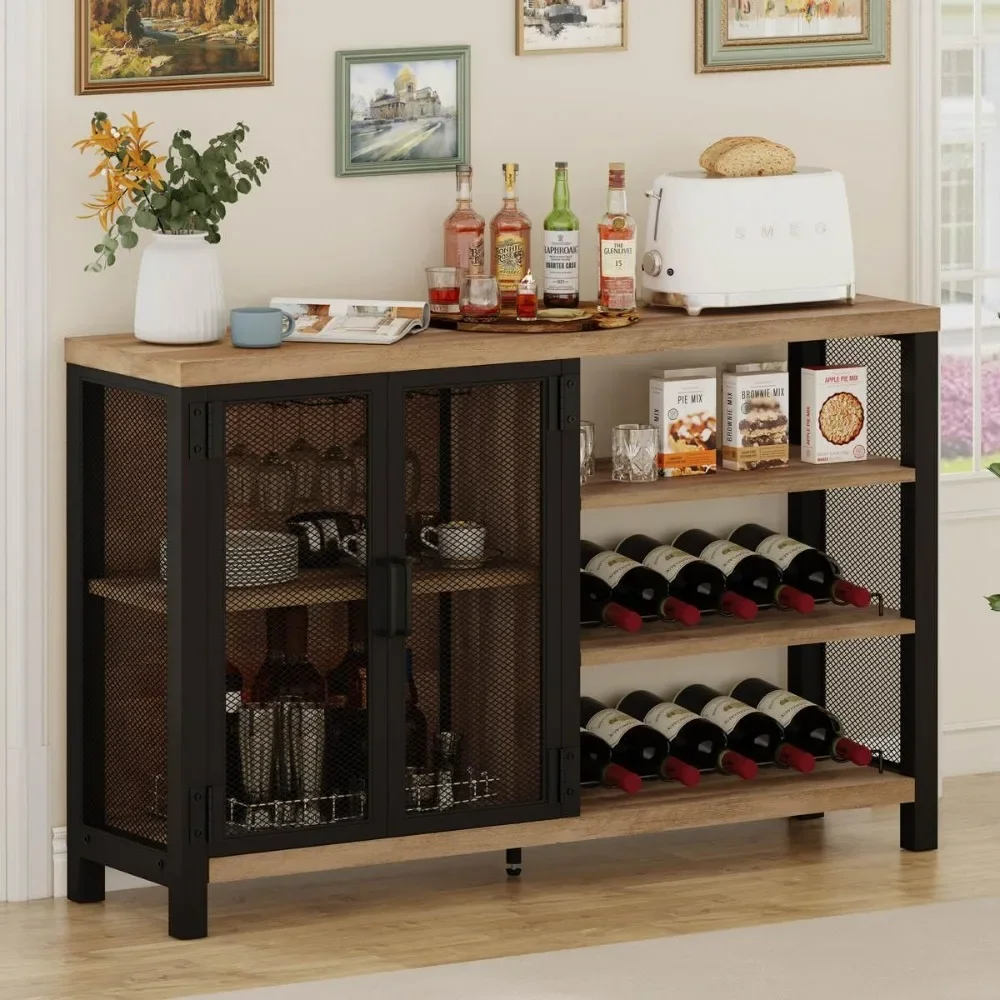 Industrial Bar Cabinet for Liquor and Glasses, Rustic Wine Cabinet with Doors, Farmhouse Coffee Bar with Storage
