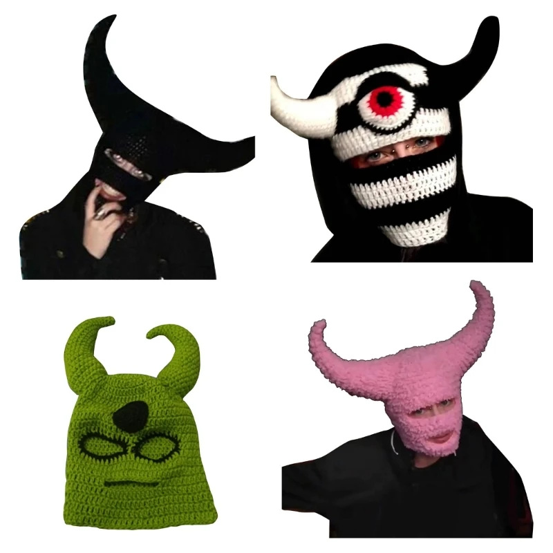 

Spooky Knitted Beanie Hat Halloween Overwhelming Horn Balaclava Hat Cosplay Horn Party Hats