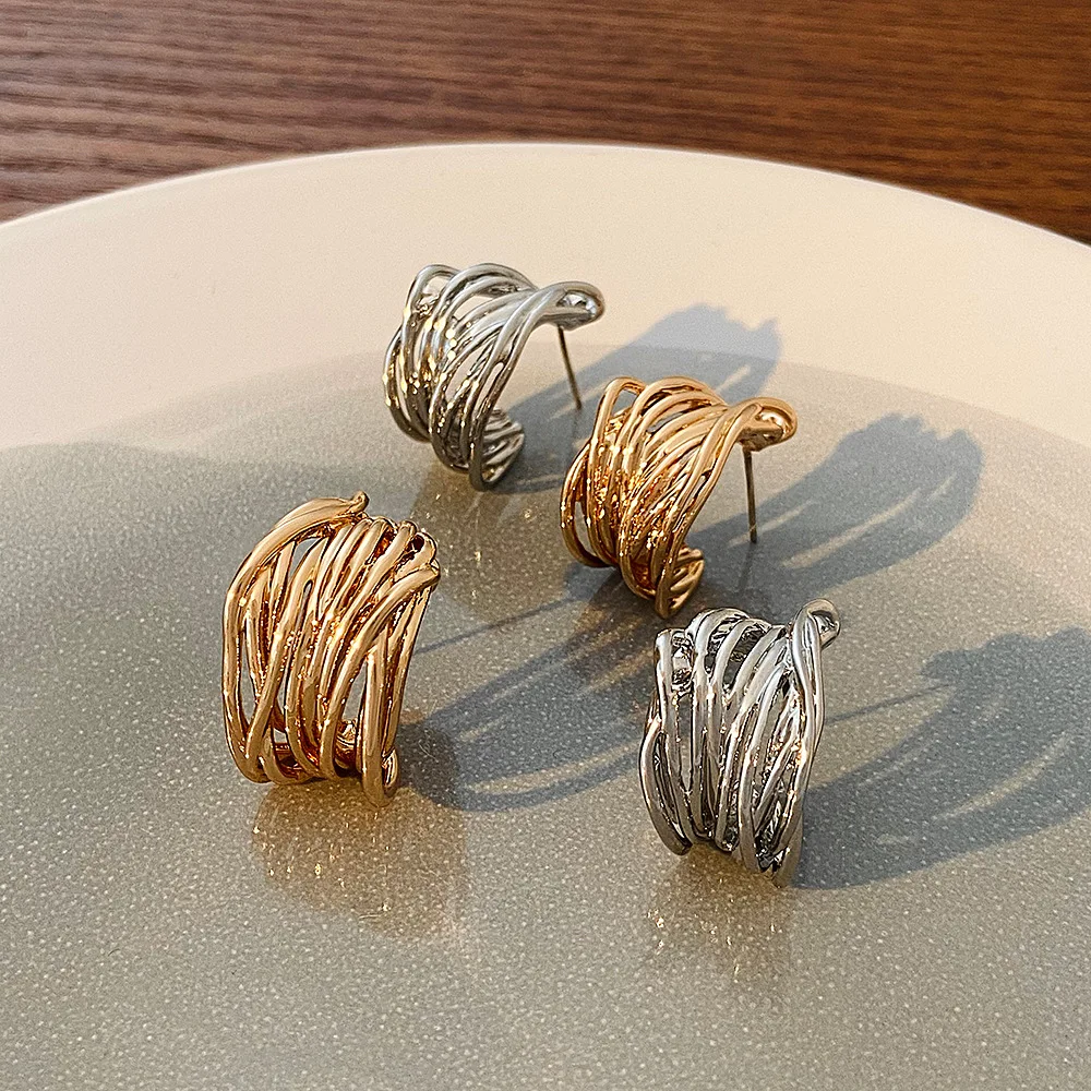 Exquisite Personality Multilayer Twisted Chunky Hoop Earring for Women Gold Color Stainless Steel Ear Ring Simple Punk Jewelry