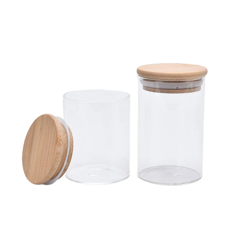 Round Glass Storage Jars With Bamboo Lid For Coffee Beans Grains Noodles Food Storage Containers Kitchen Organizers Storage 5
