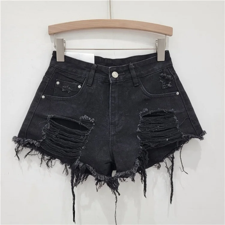 2024 Summer New Streetwear Burrs Tassel Hem Wide Leg Shorts Women's Hole Low Waist Distressed Jeans Shorts
