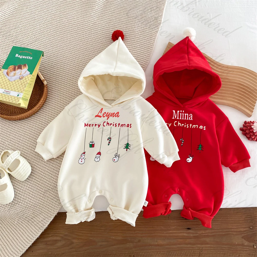 

New Merry Christmas Boys and Girls' Fashionable One Piece Creeper Personalized Embroidered Name Newborn Plush Hooded Rompers