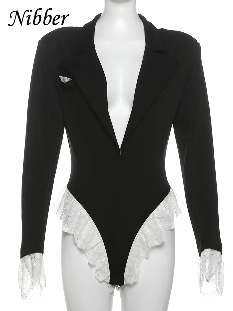 Nibber Blouse Bodysuit Women Turndown Elegant Office Lady Senior Skinny Full Sleeve Streetwear Lace Patchwork Chic Stylish Tees