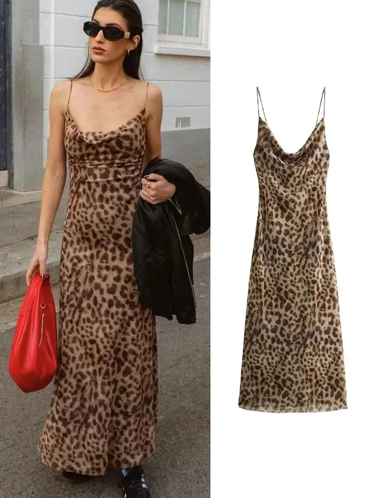 

Women's Spaghetti Strap Dresses Chic Swing Collar Backless Party Club Suspender Long Dresses Vintage Sexy Women Leopard Print